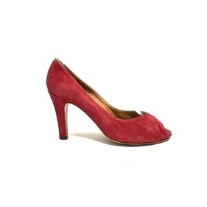 Vintage 1960s red suede silver accent peep toe pumps